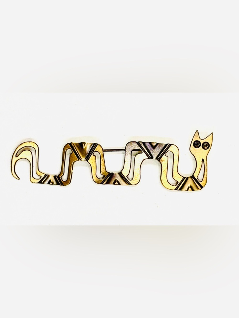 Metal Signed JB Gold Tone Geometric Snake Brooch Pin 3” X 1”